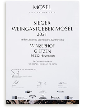 Sieger Weingastgeber Mosel 2021 Winzerhof Gietzen